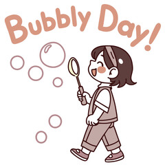 Cheerful Child Blowing Bubbles on a Bright and Joyful Bubbly Day Celebration Scene