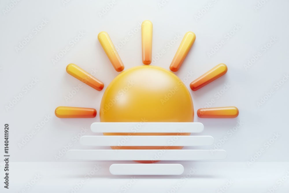 Poster a minimalist 3d rendering of a sunset with a bright yellow sun and white clouds.