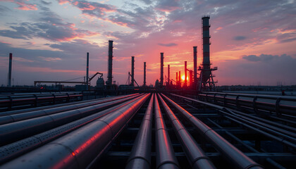 steel long pipes in crude oil factory during sunset, papercraft, with white tones