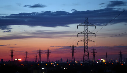 Fototapeta premium Electrical Power Lines: Sunset over City