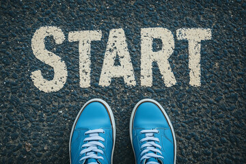  shoes on asphalt street, with the word  Start