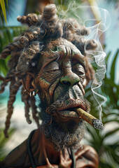 Rastafarian man smoking cannabis Joint at the beach by the ocean in Jamaica. Generative Ai