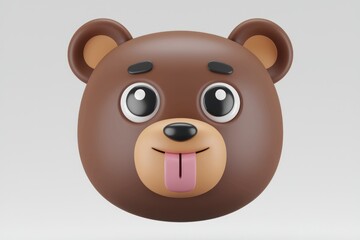 Fototapeta premium Playful brown bear emoticon with big eyes and tongue out 3D rendered.