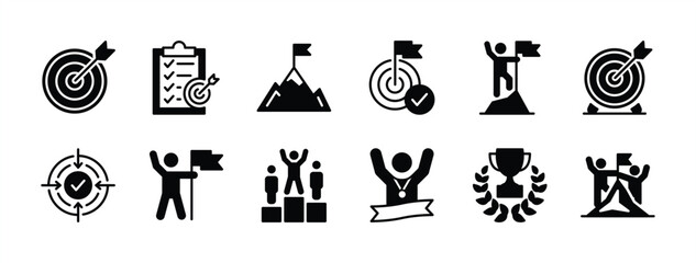 Business goals icon set. Containing target, aim, accurate, objective, and mission of success, achievement, victory, winner, planning checklist, trophy, champion, mountain peak vector illustration