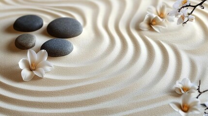 Tranquil Zen Garden with Raked Sand, Stones, and Flowers for Elegant Banner Design