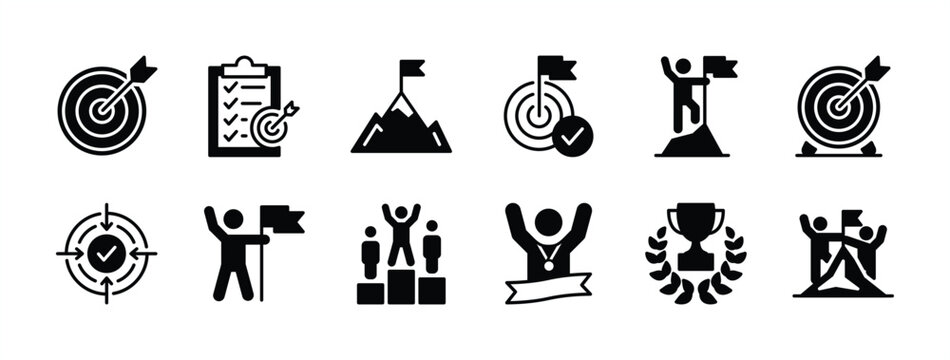 Business goals icon set. Containing target, aim, accurate, objective, and mission of success, achievement, victory, winner, planning checklist, trophy, champion, mountain peak vector illustration