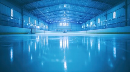 Fototapeta premium Ice Hockey Rink Action Indoor Arena Ground-Level View Smooth Frozen Surface Ice Sports Event