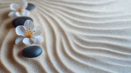 Tranquil Zen Garden with Raked Sand, Stones, and Flowers for Elegant Banner Design