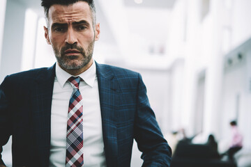 Fototapeta premium Half length portrait of confident proud ceo 50 years old looking at camera.Successful mature businessman dressed in formal wear standing indoors in office interior.Male owner of financial company