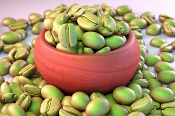 A terracotta bowl filled with unroasted green coffee beans surrounded by more beans.