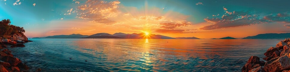 Fototapeta premium sunset, seascape, tranquility, picturesque view over calm waters, vibrant colors of dusk illuminating the sky and reflecting on the surface of the sea Ideal for nature enthusiasts