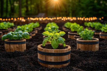 A serene garden scene with plants growing in wooden barrels under soft evening light.