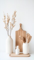 A serene kitchen arrangement featuring white ceramics and natural wooden utensils.