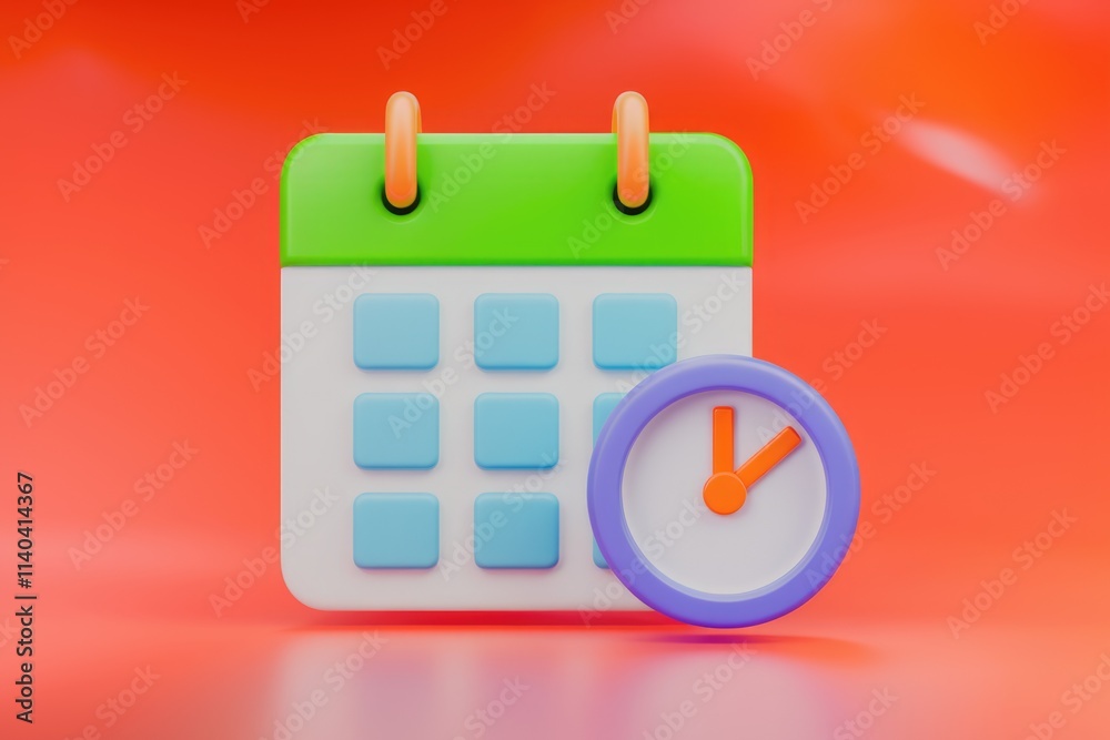 Poster A 3D rendering of a calendar and clock symbolizing scheduling and time management.