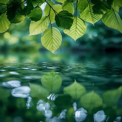 Lush green leaves overhanging calm water, reflecting serenity.