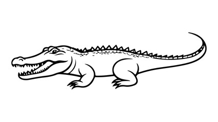 crocodile illustration, crocodile outline line art illustration from side, alligator illustration from side black and white line art