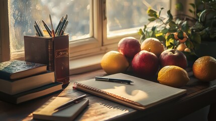Creative workspace inspiration with fruits and books near a window home office still life cozy environment warm light