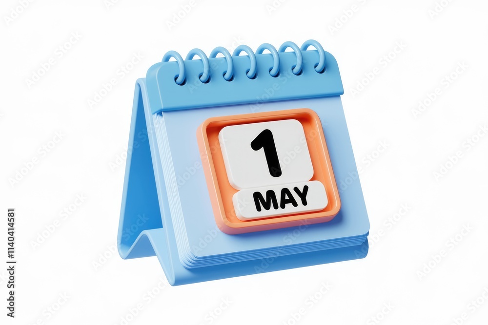 Poster A 3D rendered desk calendar showing May 1st  a simple and cute design.