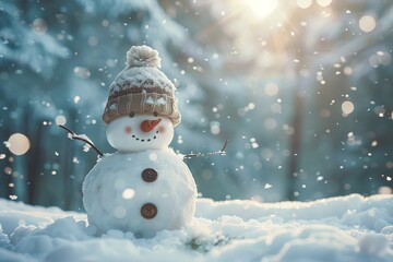 Obraz premium cute smiling snowman in hat stands in the snow in winter forest with blurred background with snowfall