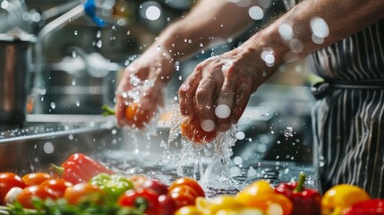 Fototapeta premium Close up hands of chef washing fresh vegetables under running water, preparing healthy meal with fresh vegetables