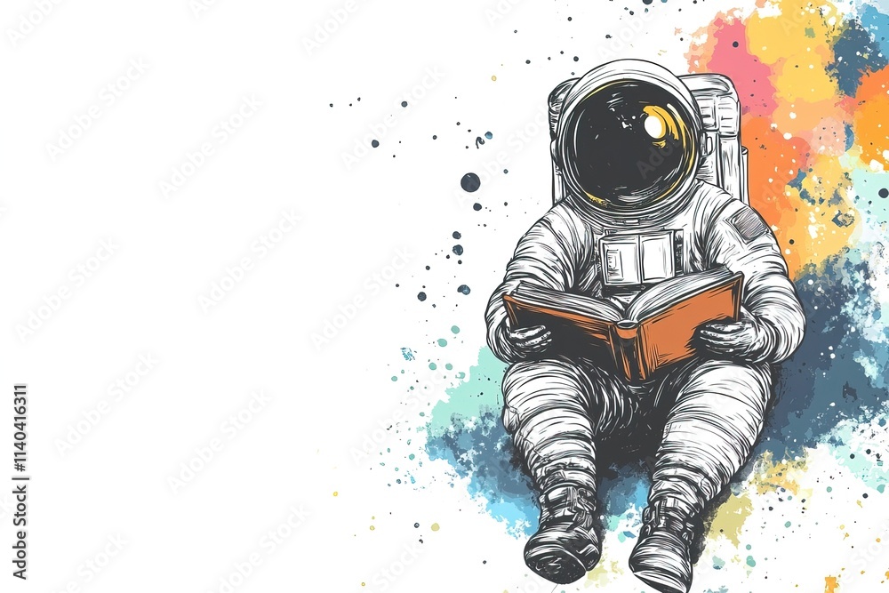 Wall mural stylish ink illustration of astronaut in spacesuit reading book surrounded by colorful splashes and 