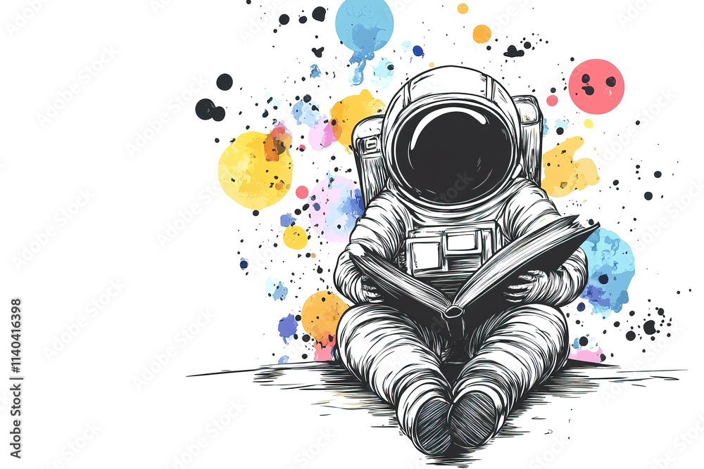Wall mural stylish postcard of astronaut in spacesuit reading book surrounded by colorful ink splashes and stai
