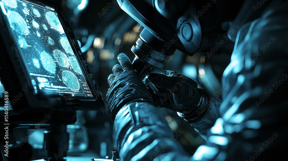 Poster A man is wearing a lab coat and gloves and is looking at a computer screen