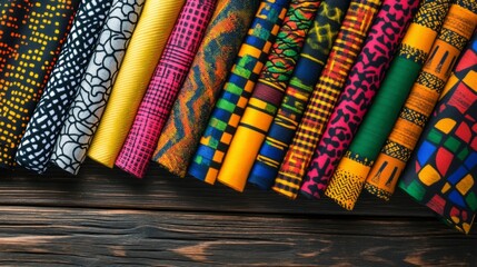 Colorful African fabrics display intricate patterns and textures, arranged neatly on a wooden surface, highlighting craftsmanship and cultural significance
