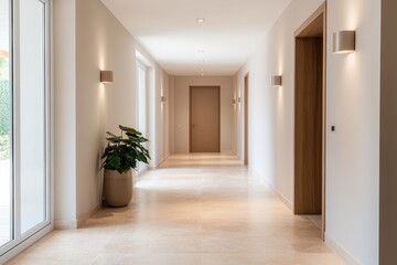 Modern minimalist corridor with natural light, neutral tones, and indoor plant in contemporary interior design space