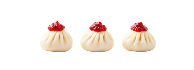 Three separate dumplings with red chili on top. Chinese steamed buns on white background.