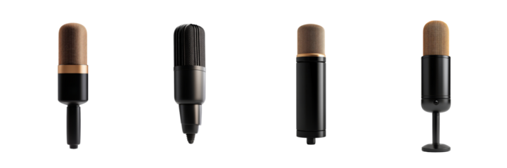 A group of four microphones with varied designs and finishes, showcasing different styles and functionalities.