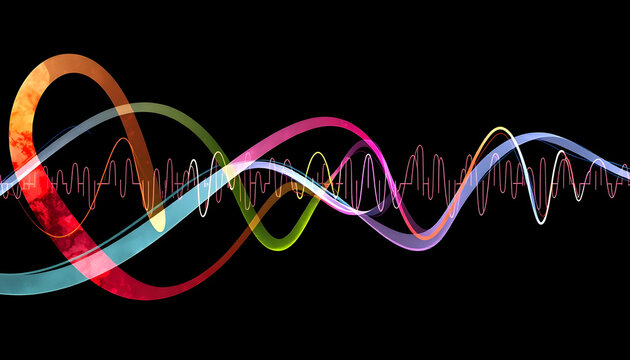 Abstract sound waves visualized as colorful pulsating ribbons on a black background, watercolor, with white tones