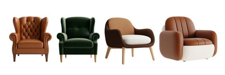 A collection of four stylish armchairs showcasing diverse designs, colors, and textures, perfect for enhancing any living space.