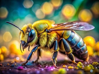 Fototapeta premium Golden Carpenter Bee Closeup, Macro Photography, Insect, Wildlife, Nature, Golden Bee, Carpenter Bee Image, High Resolution, Detailed, Right Side Composition, Copy Space