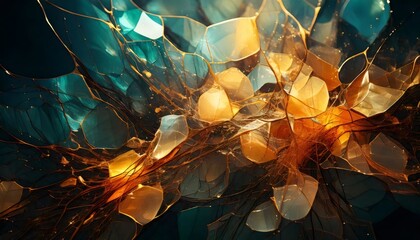 Abstract golden and teal glass shattering and connecting