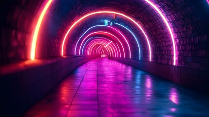 A neon tunnel with red, blue, and green lights
