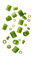 Chopped green onions falling png isolated on transparent background
