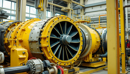 Turbine of energy power plant generation station. Disassembled equipment for repair and inspection. Generation AI, 8k, with white tones