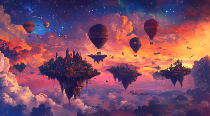 Beautiful fantasy landscape with floating island, dreamy clouds