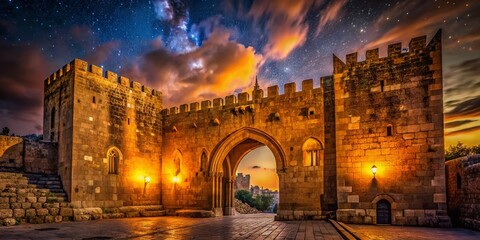 Golden Gate Jerusalem Night Photography - Low Light Cityscape, Ancient Walls, Starry Sky
