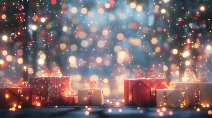 A Twilight Enchantment: Pastel Stars and Shimmering Lights Surrounding Beautifully Wrapped Gifts in a Celebratory Atmosphere