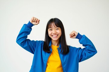 young teenage kid standing against a plain white background. He is smiling widely, showing his teeth, and his arms are raised in a victorious gesture.
