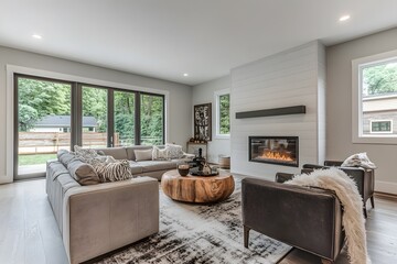 Modern living room with a cozy fireplace and large windows overlooking nature.