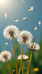 Obraz premium Dandelion Wishes - Dandelion seeds floating in the air carried by the wind as people make wishes. background copyspace