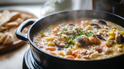 Steaming Mixed Seafood Chowder in a Pot