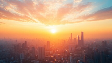 A stunning sunset over a city skyline, with vibrant colors illuminating the clouds and buildings, creating a serene and picturesque evening scene.