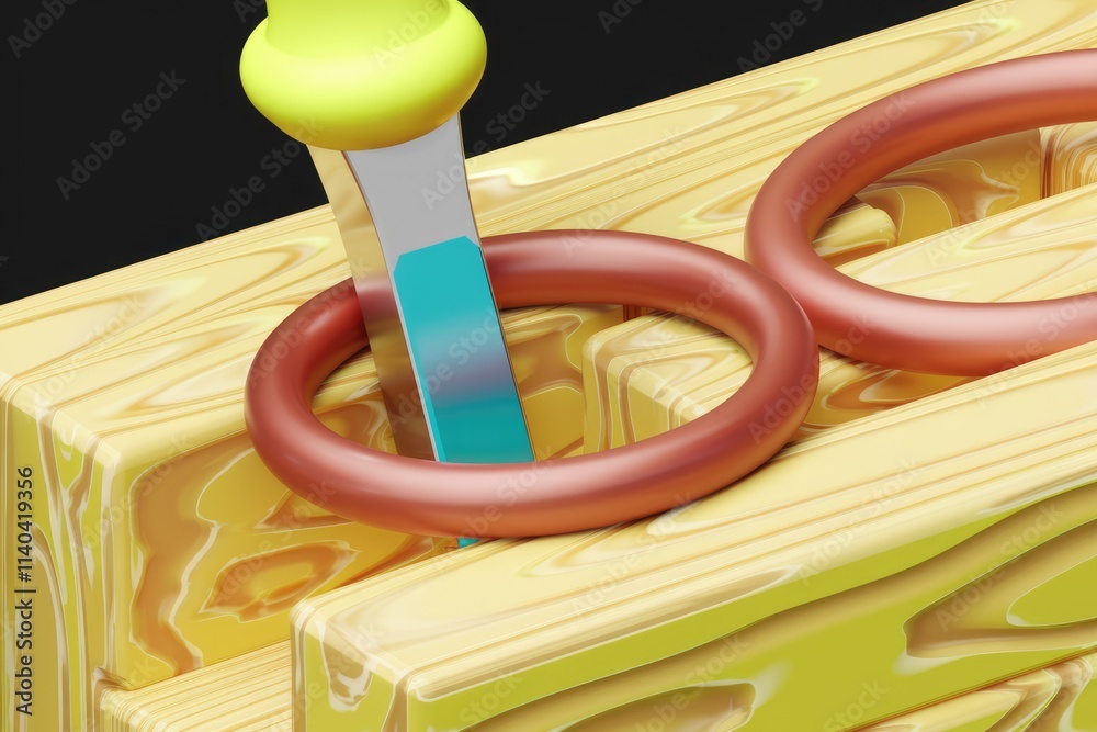 Fototapete A tool inserts into wooden blocks with interlocking rings; abstract 3D render.