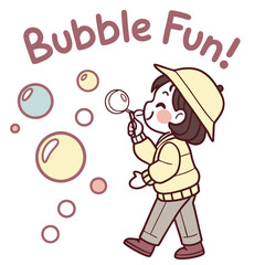 Joyful Child Blowing Bubbles in Playful Atmosphere with Soft Colors and Cheerful Expression