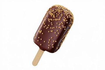 Chocolate ice cream bar covered in chocolate sprinkles on a wooden stick.