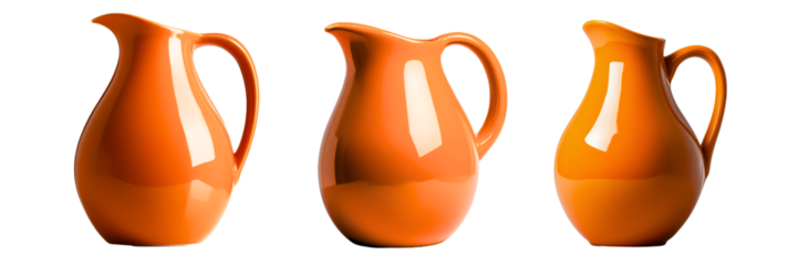 Three vibrant orange pitchers showcasing smooth curves and a glossy finish.